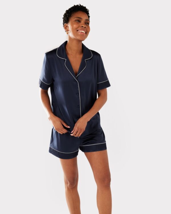 Satin Lace Trim Short Pyjama Set - Navy