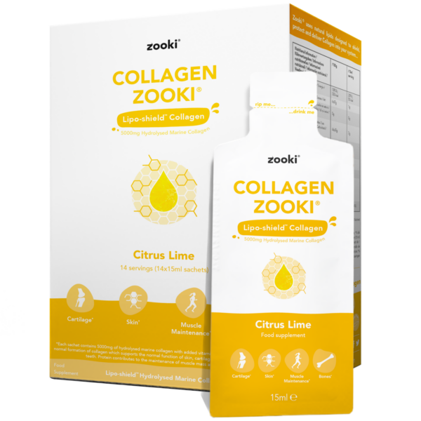 Collagen Zooki - Marine Liquid Collagen Sachets - Citrus Lime Flavour - Hydrolysed Marine Collagen Peptides - Support Skin, Hair, Nails, Joints & Muscles - Box of 14