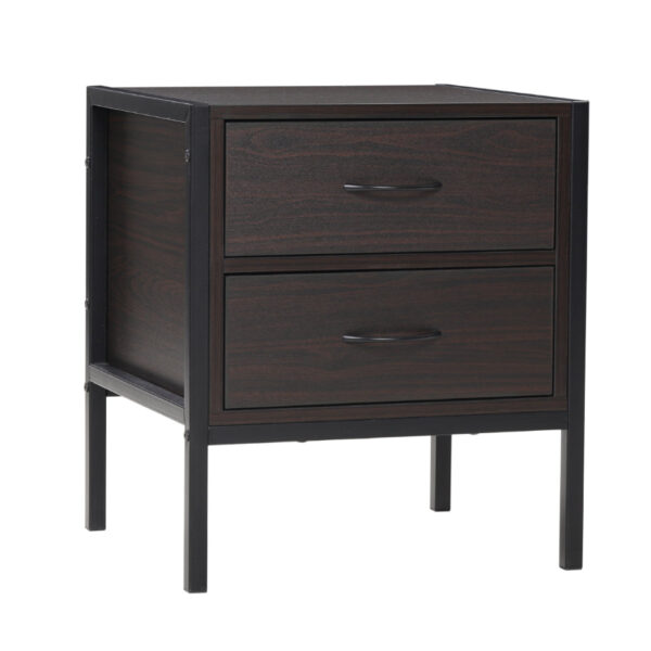 Dark Brown Wooden Nightstand with Metal Frame and 2 Drawers