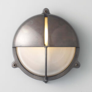 Davey Lighting Brass Bulkhead With Eyelid Shield, Large, Weathered Brass