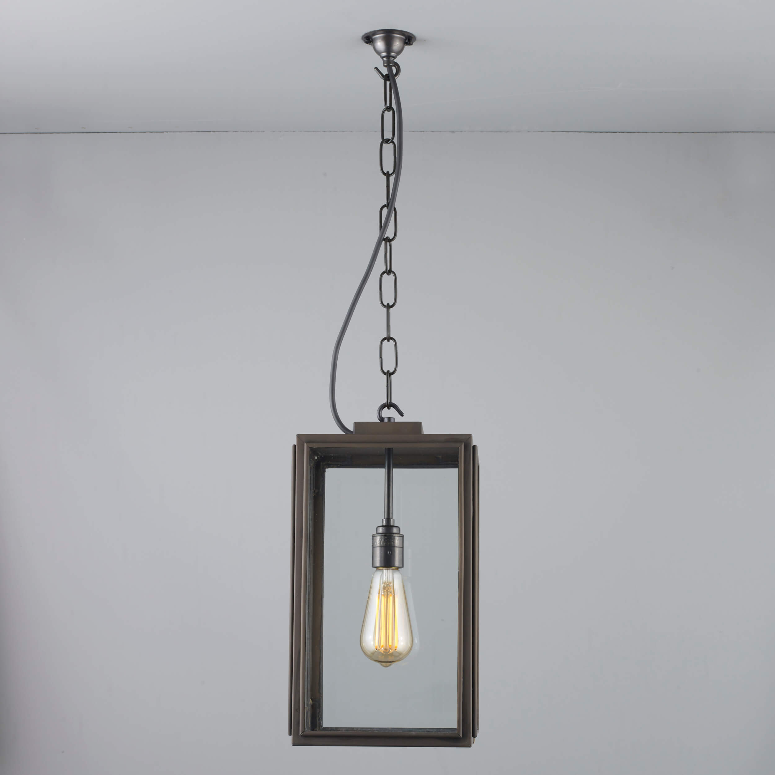 Davey Lighting Small Square Pendant, Closed Top, Weathered Brass, Clear