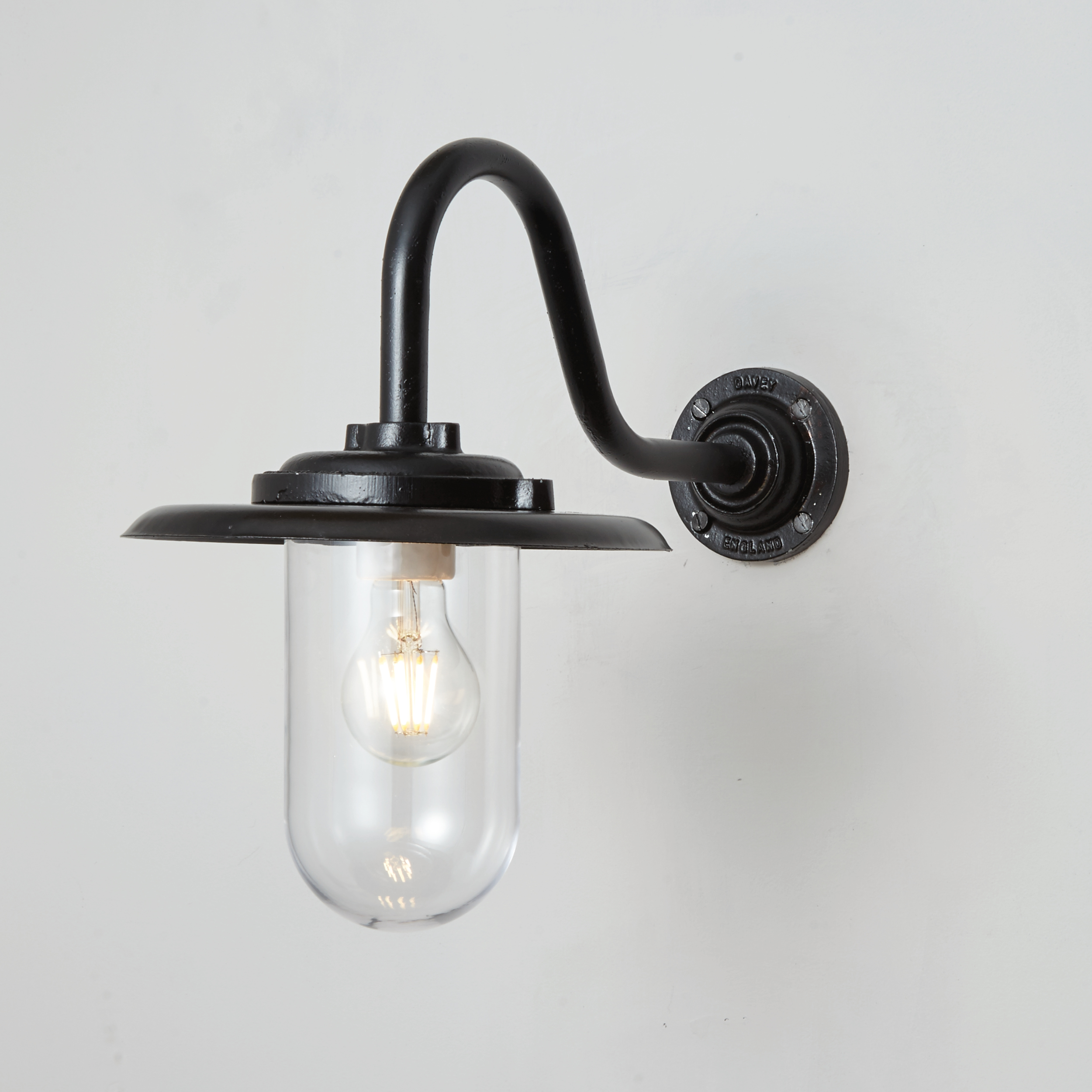 Davey Lighting Exterior Bracket Light, 100W, Swan Neck, Paint Black, Clear