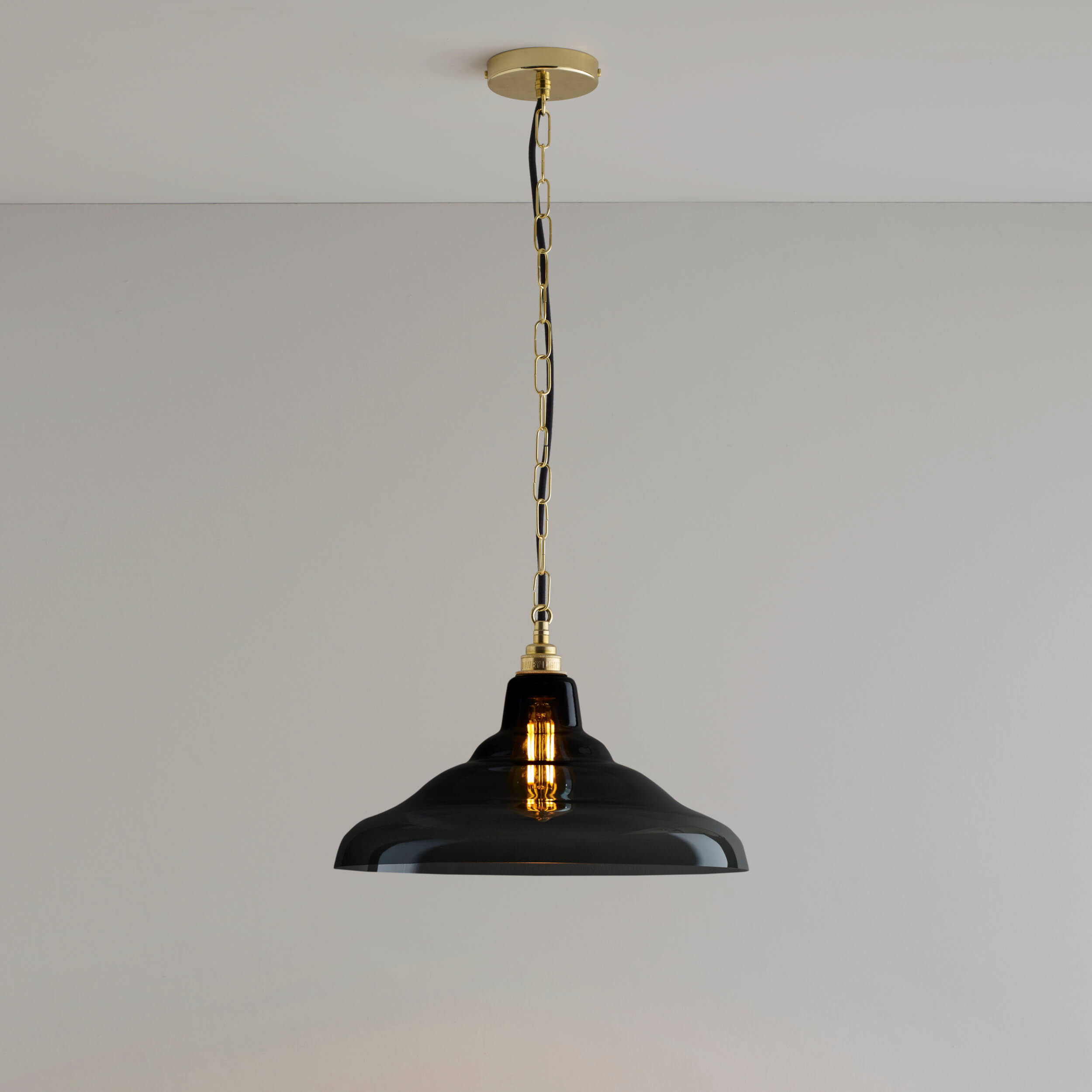 Davey Lighting Glass school light, size 2 pendant, Anthracite + Brass