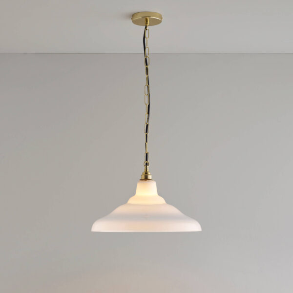 Davey Lighting Glass school light, size 2 pendant, Opal + Brass
