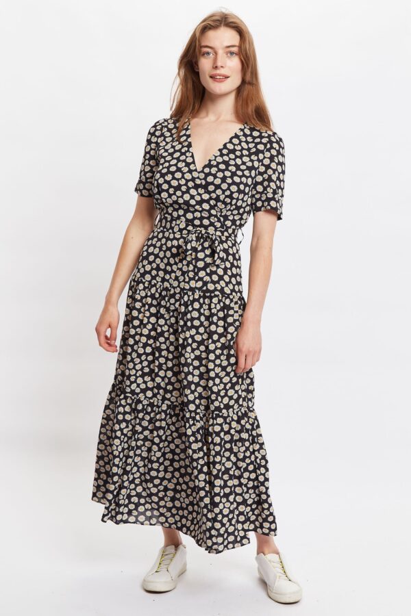 Louche Emin Daisy Dancer Print Short Sleeve Tie Midi Dress - Black