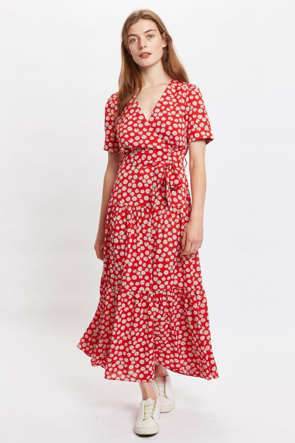 Louche Emin Daisy Dancer Print Short Sleeve Tie Midi Dress - Red