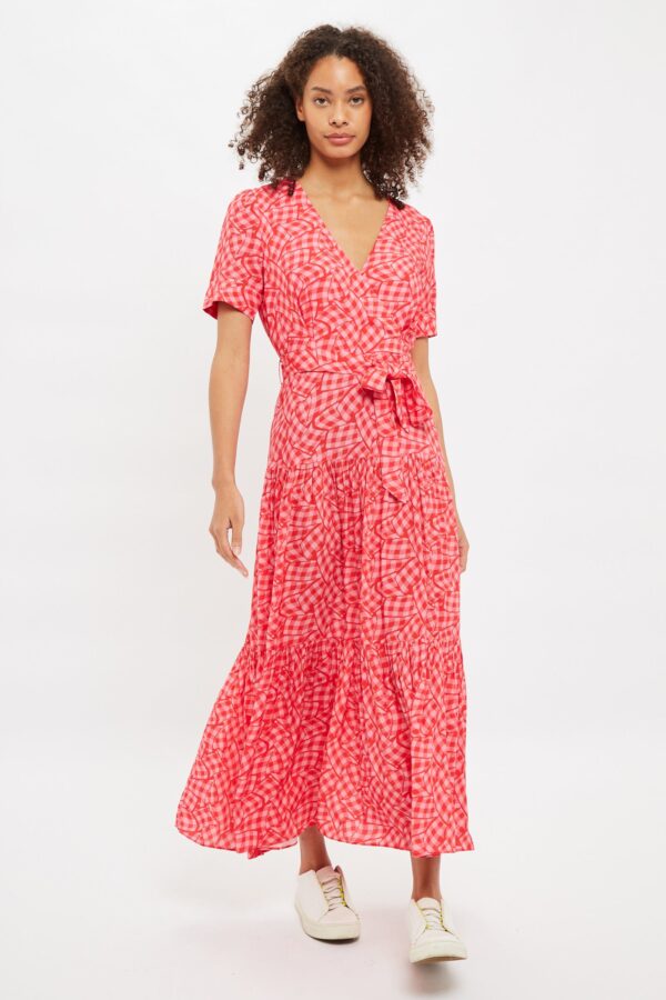 Louche Emin Gingham Twist Print Tiered Short Sleeve Midi Dress