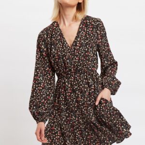 Louche Giovanna Wax Flower Print Long Sleeved Tie Mini Dress
