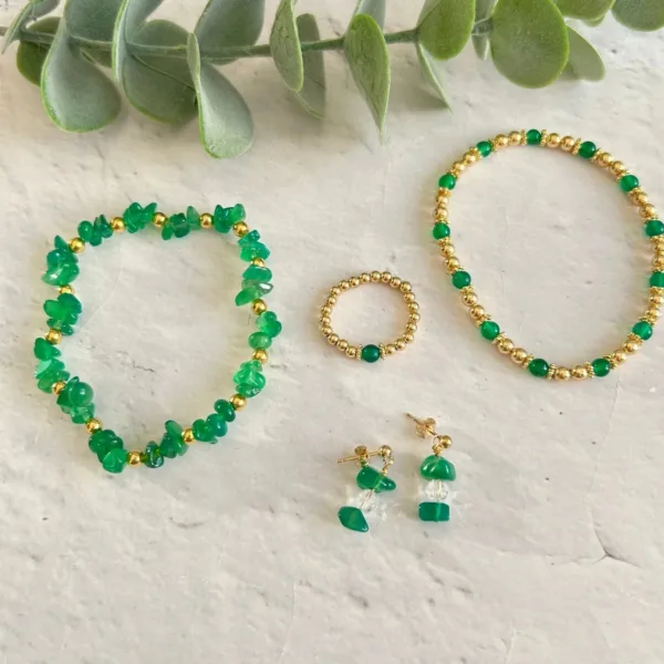 Green Agate Complete Jewellery Set | Metal: Sterling Silver | Bracelet Length: Small - 16.5cm | Ring Size: Medium - 6cm