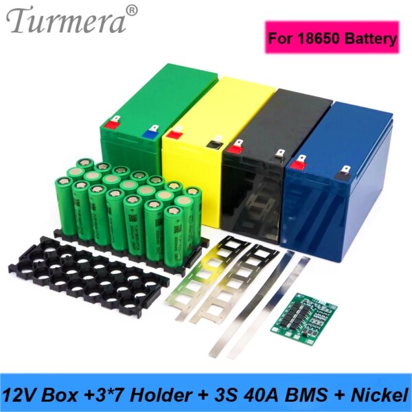 Turmera 12V 7Ah to 20Ah Battery Storage Box 3S 40A BMS 3X7 18650 Holder with Welding Nickel for Motorcycle Replace Lead-Acid Use