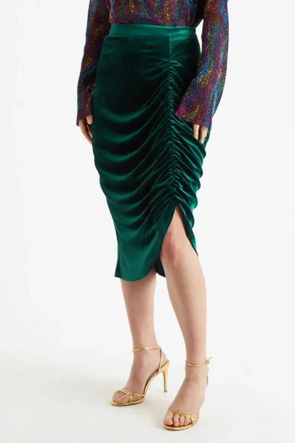 Louche Helka Velvet Ruched Mini Skirt Green