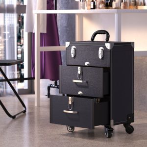 2 Drawers Black/Purple Portable Lockable Cosmetic Makeup Travel Case