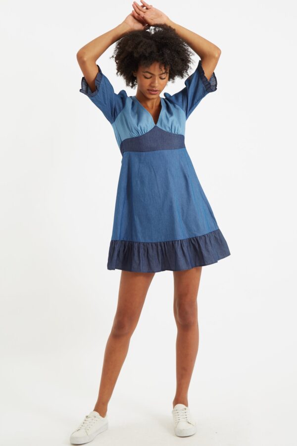 Honie Double Denim V-Neck Mini Dress