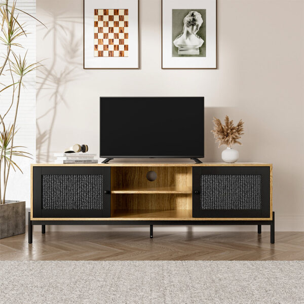 155CM Wide Wooden TV Stand Storage Cabinet with Rattan Doors