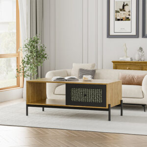 Wooden Coffee Table with Open Storage and Drawer