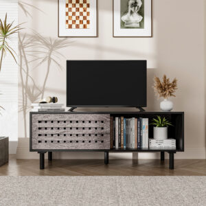 Wooden Slatted TV Stand with Sliding Door