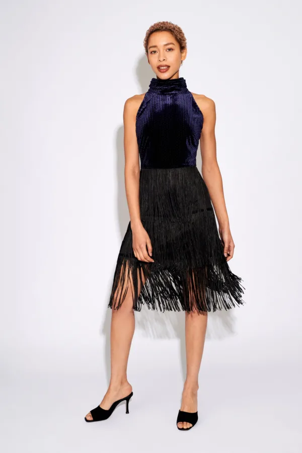 Karene Fringe Skirt Velvet Mini Dress in Navy