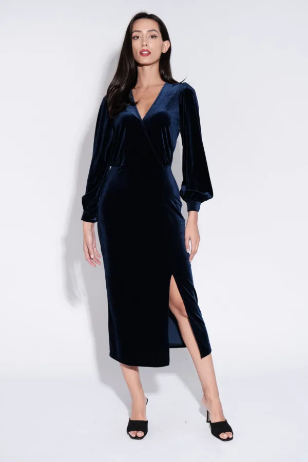 Karen Velvet Wrap Midi Dress in Navy