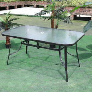 150CM Wide Outdoor Dining Table with Tempered Glass Top and Parasol Hole