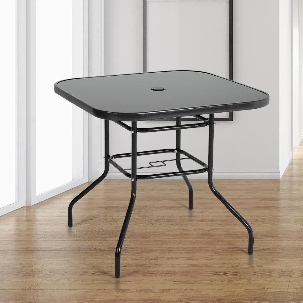 Metal Square Outdoor Dining Table with Tempered Glass Top