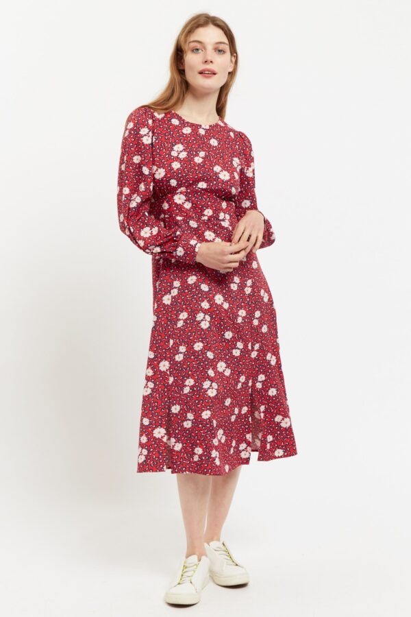 Louche Liv Roaring Daisy Print Long Sleeve Midi Dress - Red