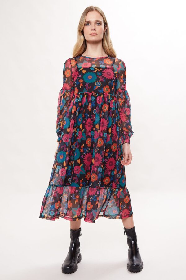 Lucinda 70'S Floral Printed Mesh Tiered Midi Dress