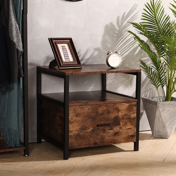 Brown Metal-Framed Wooden One Drawer Bedside Table Nightstand with Drawer