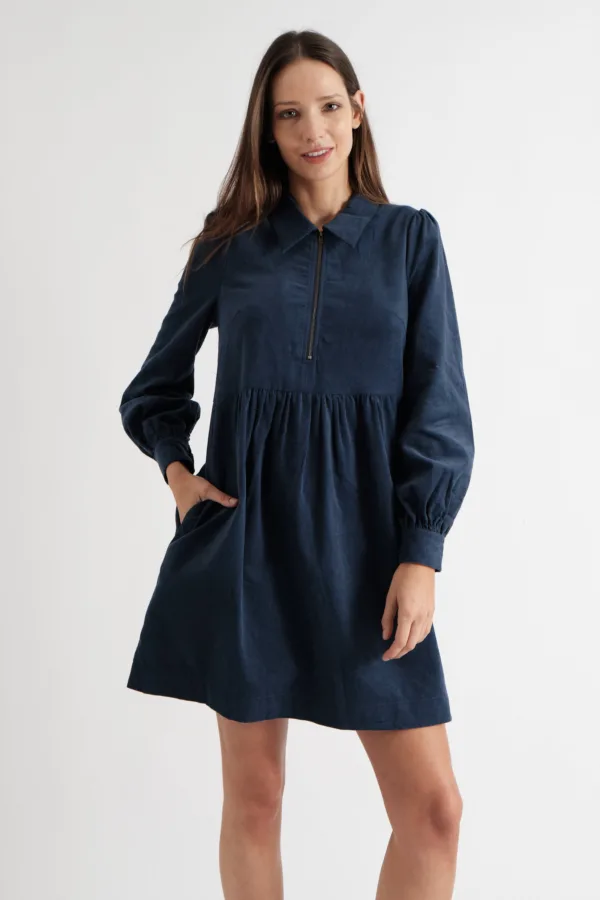 Melany Zip Front Cord Mini Dress in Navy