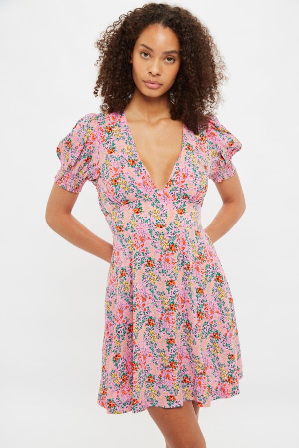 Louche Merle Flower Show Print V Neck Short Sleeve Tea Dress Pink