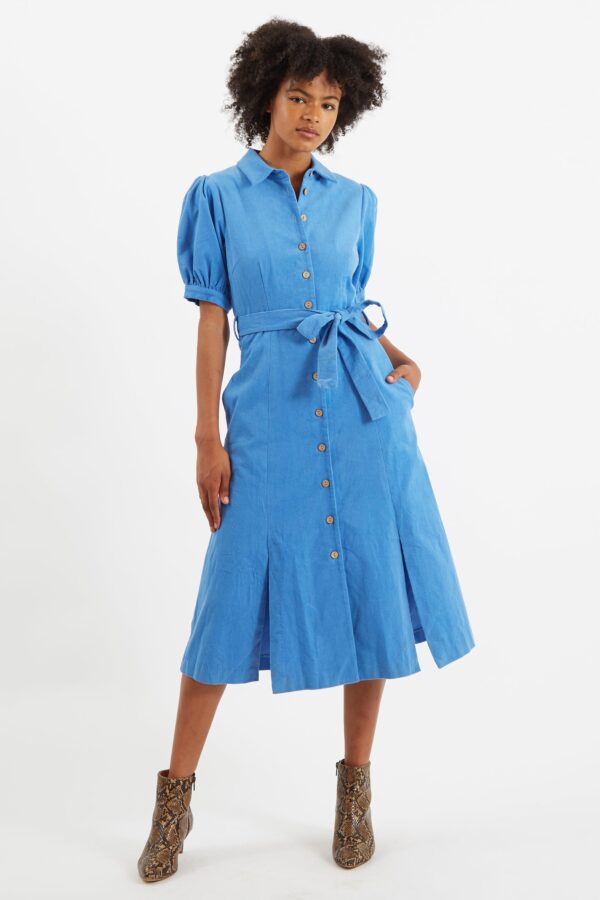 Mollie Baby Cord Blue Puff Sleeve Midi Dress