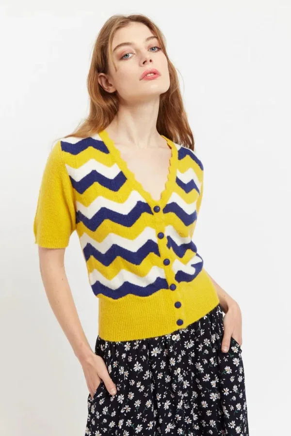 Louche Jeanie Zig Zag Stripe Short Sleeve Cardigan Mustard