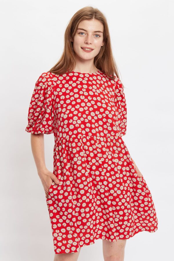 Louche Nacera Daisy Dancer Print Statement Sleeve Mini Dress - Red