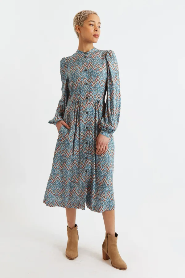 Nayma Art Attack Print Long Sleeve Midi Dress - Duck Egg