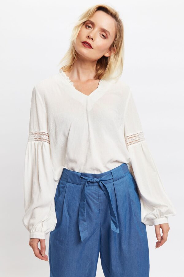 Louche Niki V Neck Long Sleeve Blouse With Lace Trim