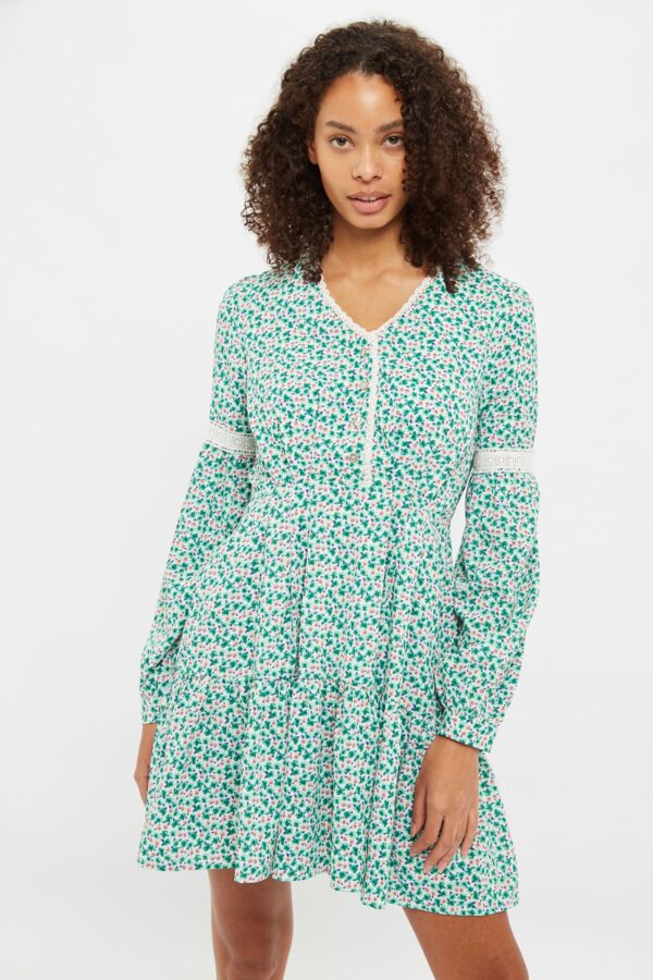 Louche Noomi Mint Blossom Print V Neck Long Sleeve Mini Dress