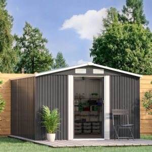 377CM Wide Metal Garden Storage Shed with Gabled Roof Top & Metal Base