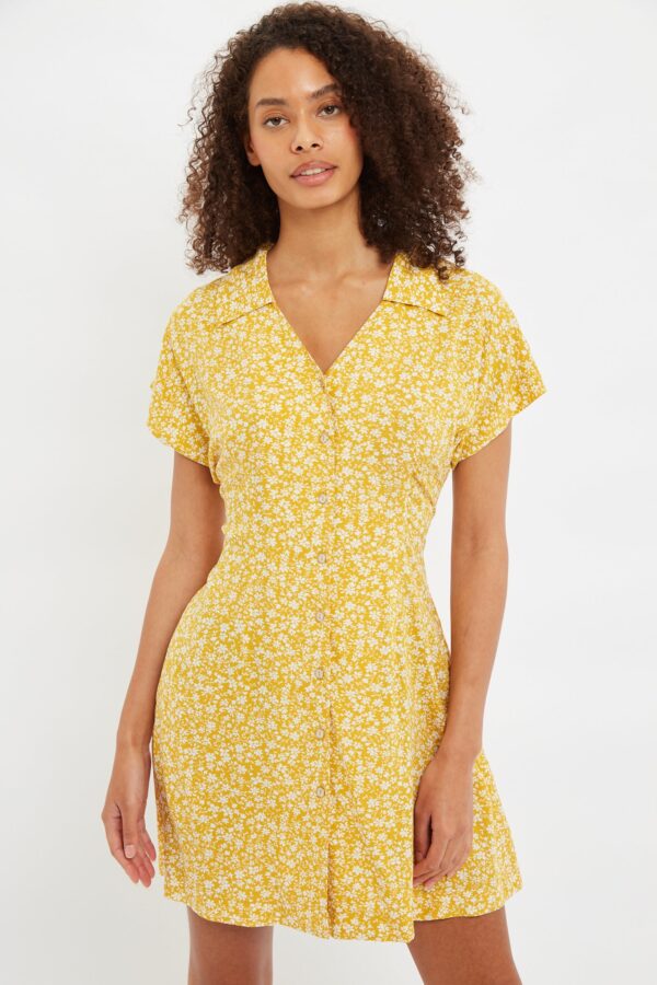 Prudence Micro Blossom Print  Short Sleeve Laced Back Mini Dress In Yellow