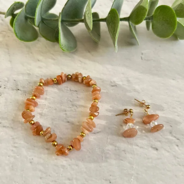 Peach Moonstone Bracelet and Earring Set | Metal: Sterling Silver | Bracelet Length: Small - 16.5cm | Ring Size: Small - 5cm