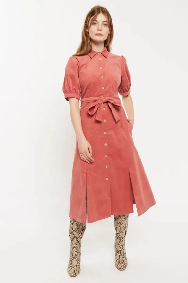 Mollie Baby Cord  Puff Sleeve Midi Shirtdress Blush Pink