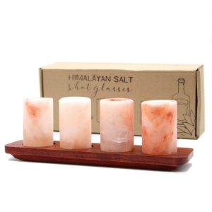 Handmade Set of 4 Himalayan Salt Shot Glasses by Mafett & Wood Serving Stand Gift Set Celebration