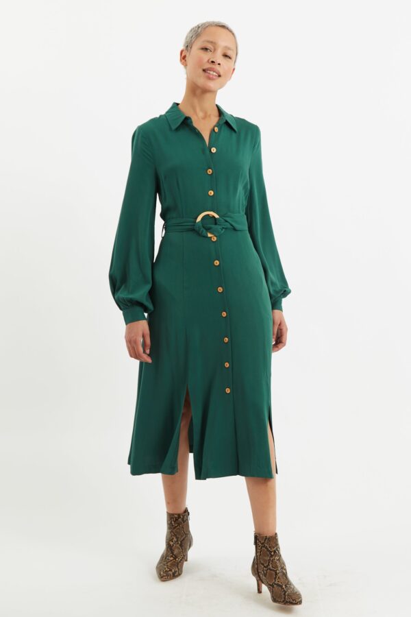 Rebecka Twill Long Sleeve Midi Shirt Dress Green