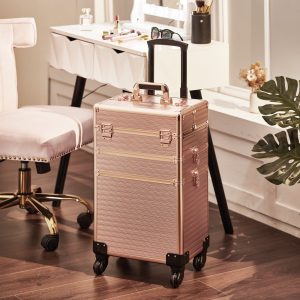 3 in 1 Rose Gold/Black Portable Cosmetic Travel Case with Wheels
