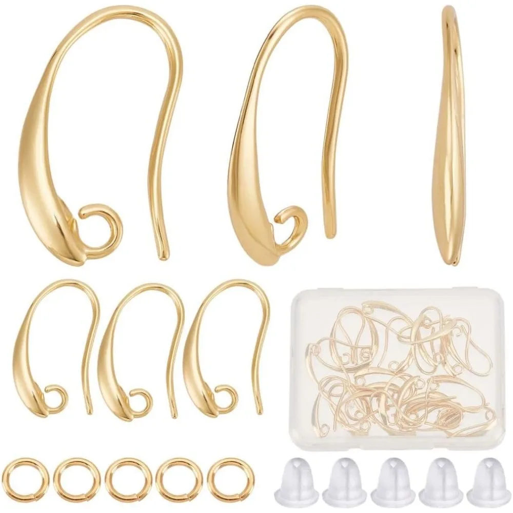 60Pcs 18K Gold Plated Brass Fishhook Earring Hooks French Ear Wires Fish Hook Earrings Findings Component with Loop making kit