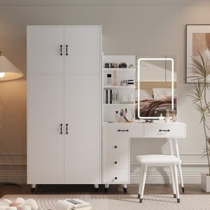 Celine Makeup Vanity Table and Large Armoire Wardrobe Set, Dressing Table with LED Mirror