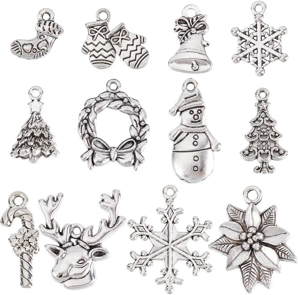 72Pcs 12 Style Christmas Charm Holiday Charm Bulk Tibetan Silver Alloy Candy Snowflake Snowman Xmas Christmas Tree making kit
