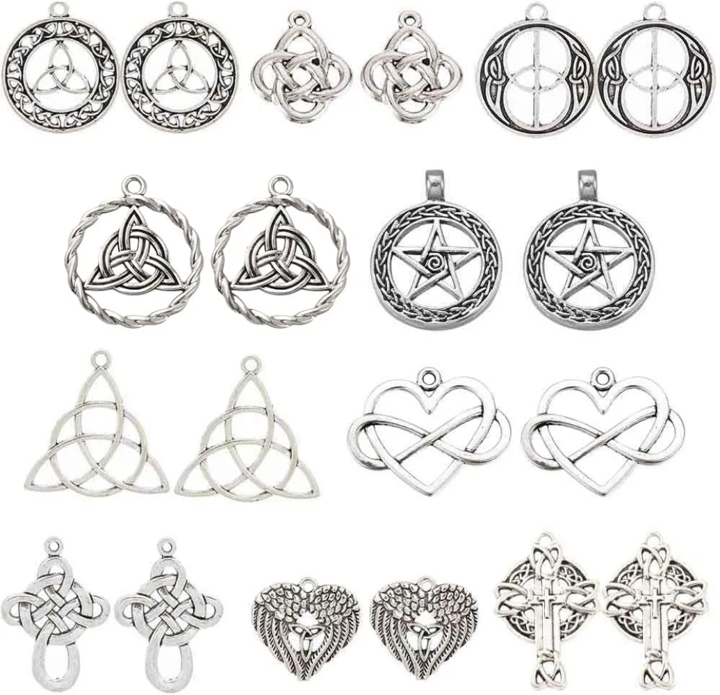 20Pcs 10 Style Celtic Knot Charm Celtic Charms Traditional Irish Charms Bulk Trinity Knot Charm Heart Cross Love making kit