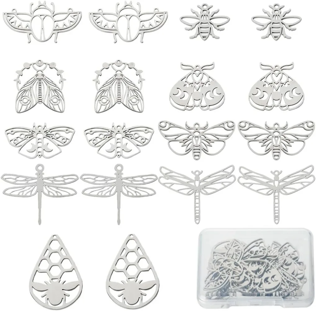 18Pcs 9 Styles Insect Charms Bulk Metal Butterfly Charms Stainless Steel Flying Incests Dragonfly Gothic Moth Hollow making kit