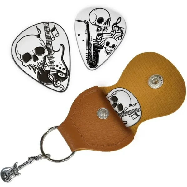 2 Sets Guitar Picks Gifts Skull Guitar Pick Keychain with PU Leather Case Plectrum Stainless Steel Guitar Set making kit
