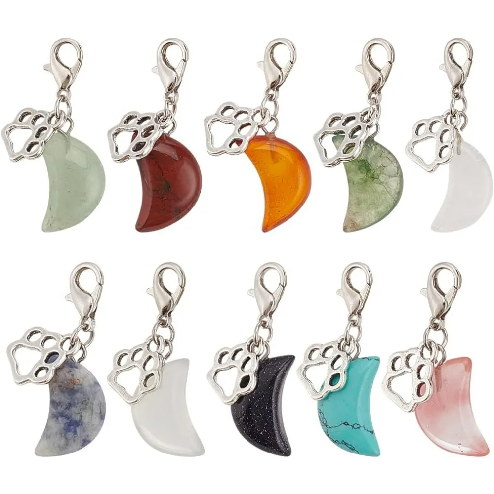 12pcs Natural Gemstone Pet Collar Charms Moon Shaped Jewelry Charms Colorful Dog Paw Pet Puppy Collar Pendants making kit