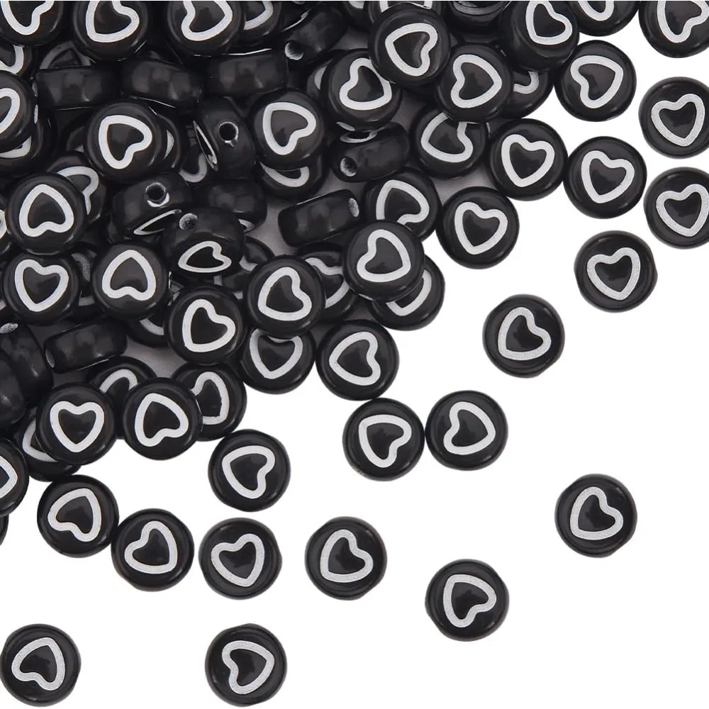 500Pcs Acrylic Heart Beads Flat Round Love Heart Bead Bulk 7mm Mini Black White Pony Coin Disc Loose Spacer Beads making kit